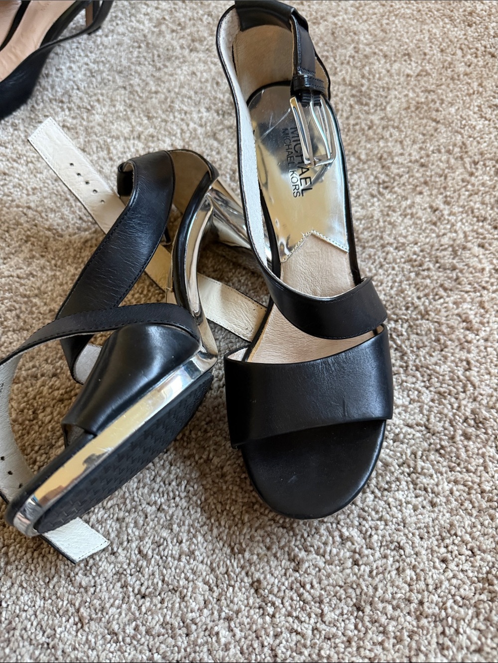 Michael Kors Black Leather Open-Toe Slingback Heels with Silver Accents